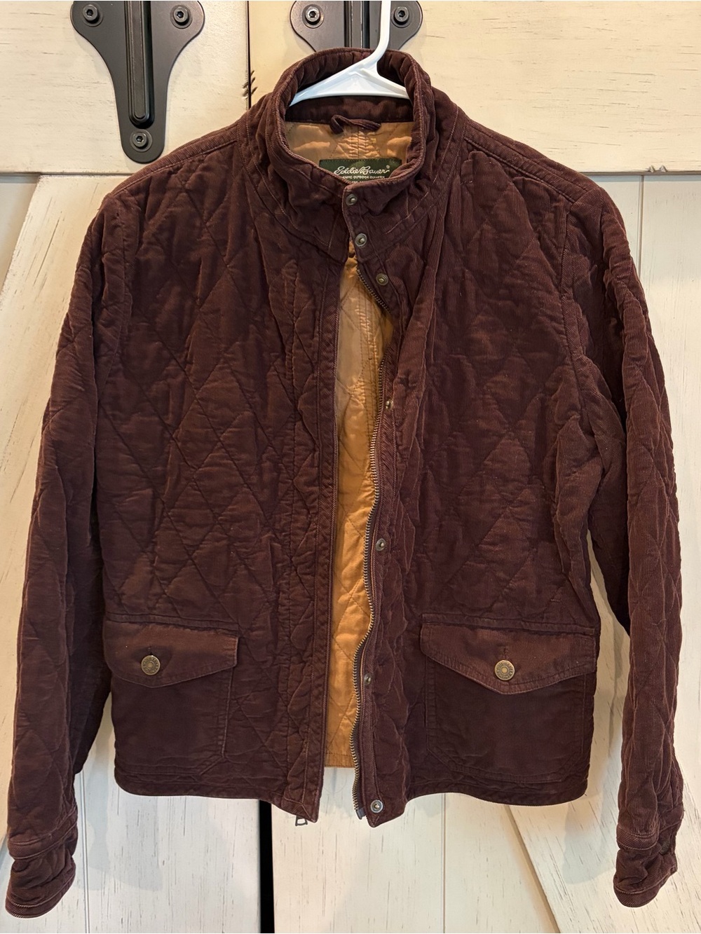 Eddie Bauer Quilted Corduroy Jacket in Dark Brown with Tan Lining Size Large
